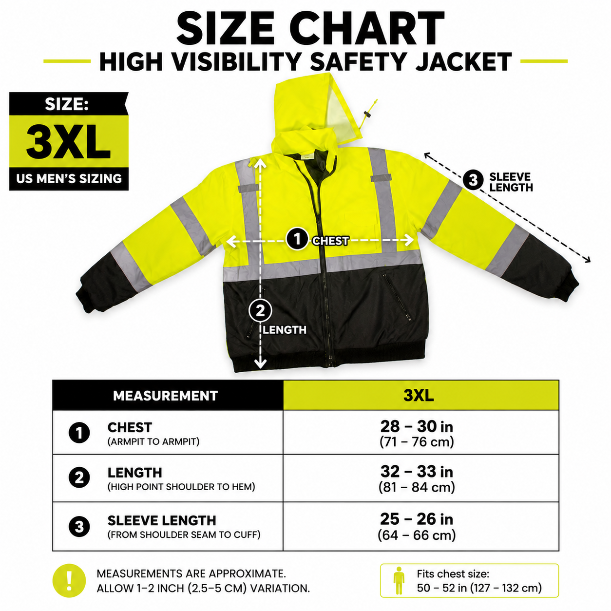 Hi-Vis Class 3 Safety Jacket Neon Reflective Coat Bomber Jacket XXXL