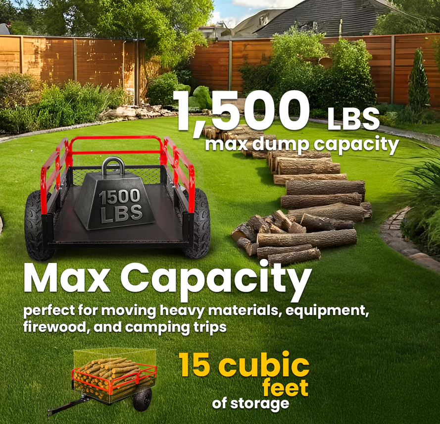 ATV UTV Trailer Tow Behind Dump Cart, 1500lbs Garden Pull Trailer Mower Tractor