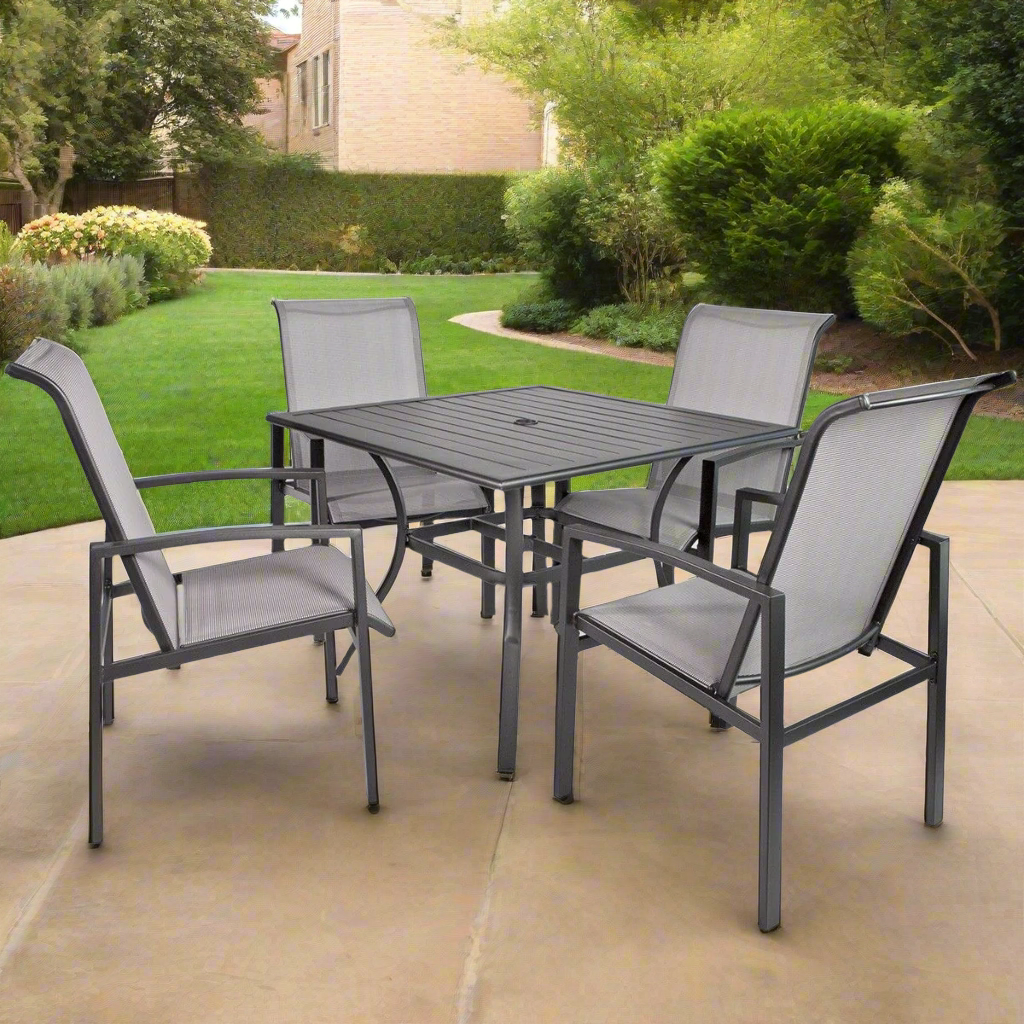 Barton 5Pcs Outdoor Set Mesh High Back Seat Patio Dining Sling Chairs Table Grey