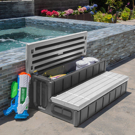 Grey spa steps with storage specification image