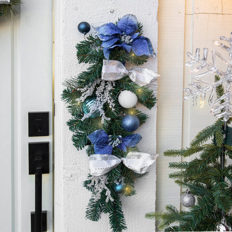 Barton 2x 28" Christmas Teardrop Swag Wreath Blue & Silver w/Ornanmets Pre-Lit