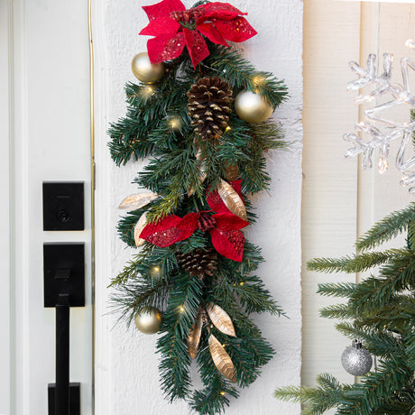 Barton 2PCS 28" Christmas Teardrop Swag Wreath Red & Gold w/Pinecones Pre-Lit