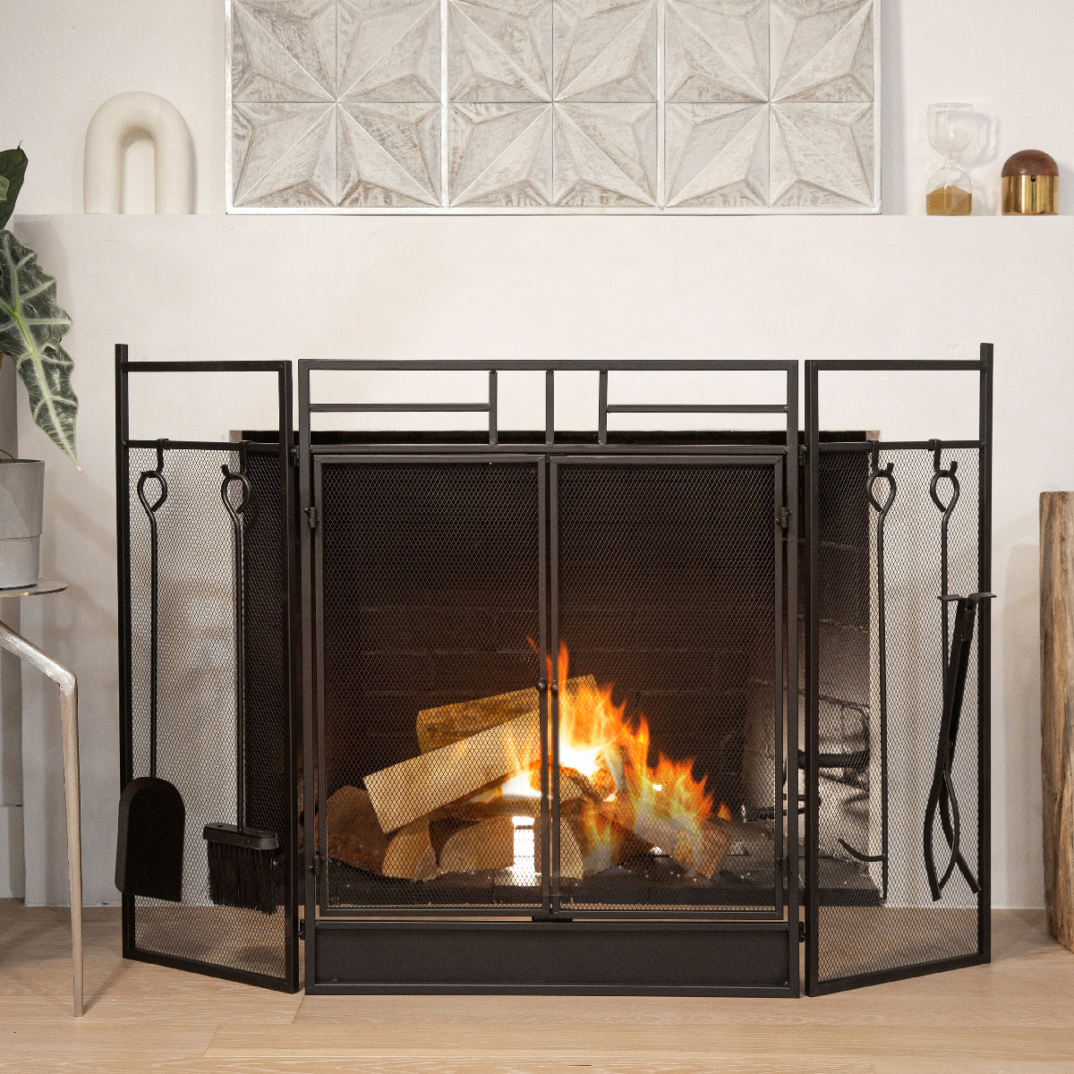 Barton 3 Panel Wrought Iron Fireplace Screen Fire Spark Guard Hinged Doors W/ 4