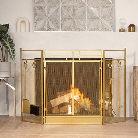 Barton 48" Fireplace Screen Fire Spark Guard Hinged Doors With Fireplace Tools